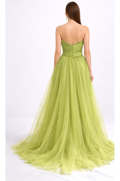 ÖMÜR INN KADIN ABİYE STRAPLEZ YEŞİL DRAPELİ TAŞ İŞLEMELİ TÜL UZUN ŞIK DAVET E...