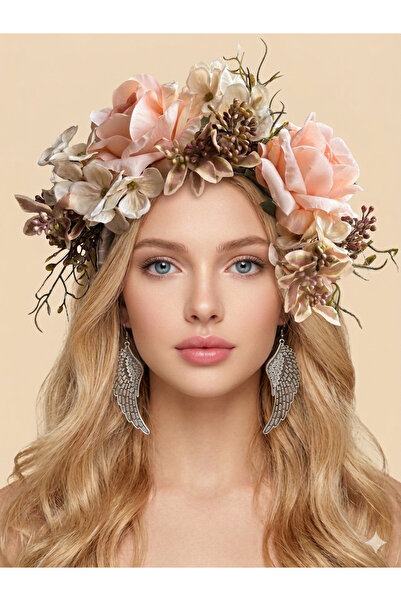 Bukiro Tasarım Çiçekli Taç Gelin Taç Bride Taç Festival tacı Beyaz Gül taç