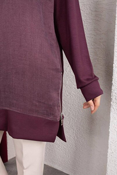 QUAWEAR Crew Neck Tunic with Side Zippers and Slits on the Front in Silk Cupr...