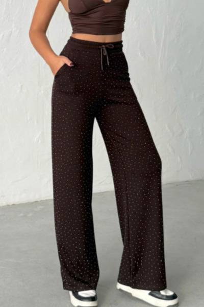 sunfyre Women's Stoned Modal Fabric Wide Leg High Waist Trousers with Lace-Up...