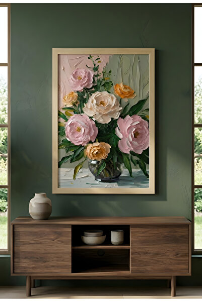 DEKORASOR Modern Yağlı Boya Dokulu Renkli Güller Çerçeveli Tablo - %100 Doğal...