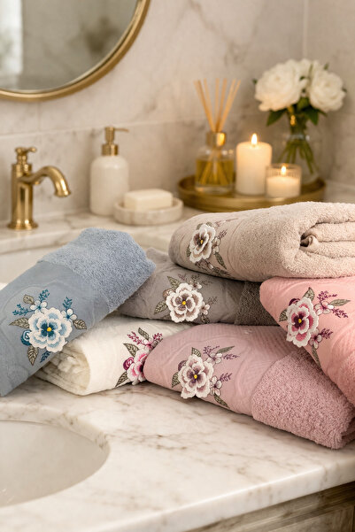 Bikaya Home 3D Embroidered Curly Hand Towel Set |   50X90 cm |   6 Pieces |  ...