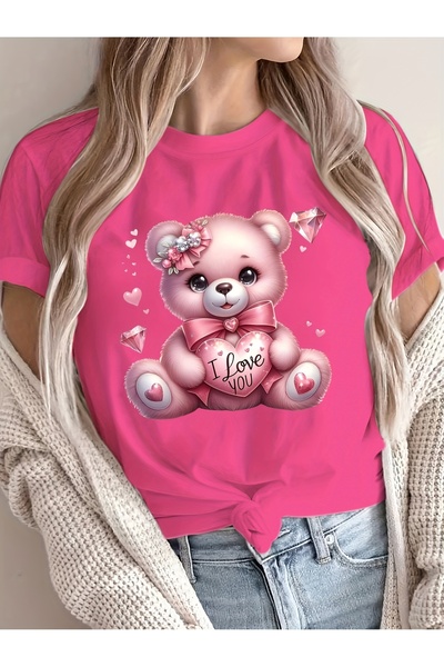 GALASHOP تي شيرت مطبوع عليه دمية دب - بتصميم قلوب وردية وتصميم I Love You