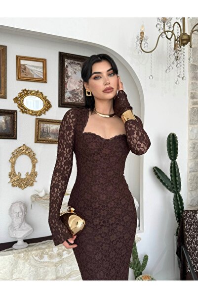 Dilek Vardar Brown Lace Long Sleeve Evening Dress