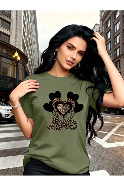 GALASHOP تي شيرت مطبوع عليه قلب أسود وذهبي للنساء، مطبوع عليه نقشة الفهد بالل...