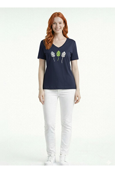 Neden Tekstil Women's V-Neck Navy Blue T-Shirt with Embroidery Detail Short S...