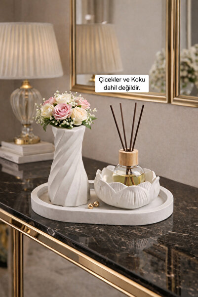 lufen deco Mermer Desenli Beton Vazo & Lotus Mumluk Seti Dekoratif Aksesuarla...