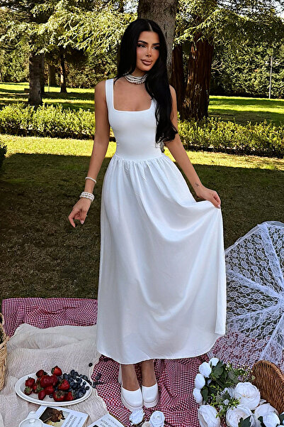 Eyyo فستان أبيض طويل أنيق بياقة مربعة وحزام من سوييا ATE-3429