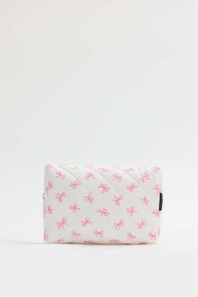 Shanta Pink bow pattern d34 zippered cosmetic organizer women's travel makeup...