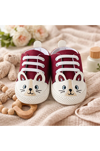 Bebelul Бебешки маратонки с дизайн на котка в цвят бордо, с бяла подметка, ма...