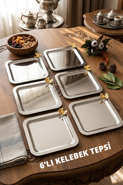 Nuha Home Lüks 6’lı Kare Kahve Sunum Tepsisi 22 cm | Altın Kelebek Detaylı Pa...