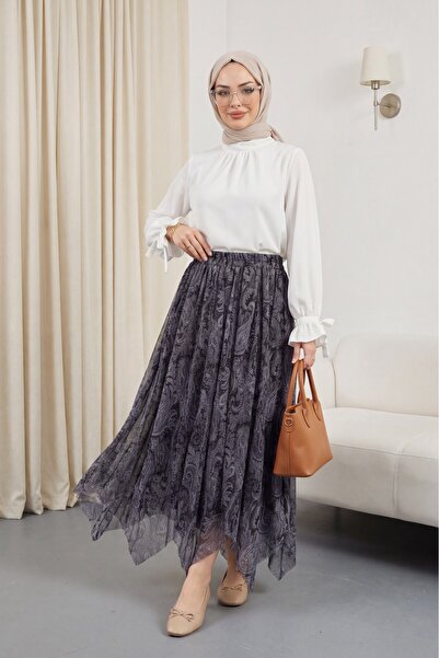 Modamorfo Φούστα σιφόν με ελαστική μέση και μοτίβο - γκρι