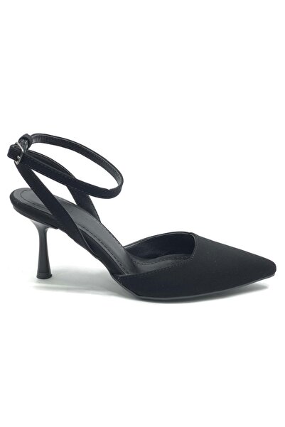 KOCAMANLAR Feles Open Back Stiletto Women's Heeled Shoes Black-Satin