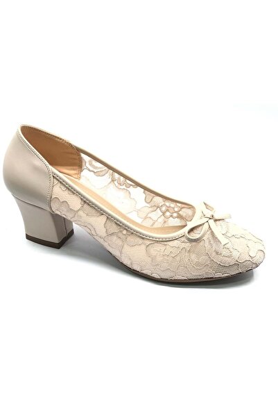 KOCAMANLAR Feles lace detailed square toe heeled women's shoes beige