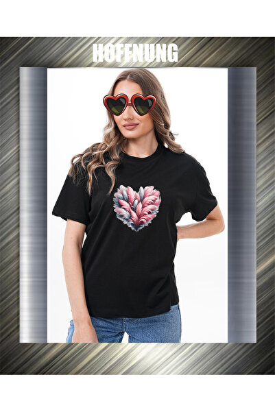 HOFFNUNG Unisex Short Sleeve Round Neck Feather Heart Printed Solid Color Tshirt
