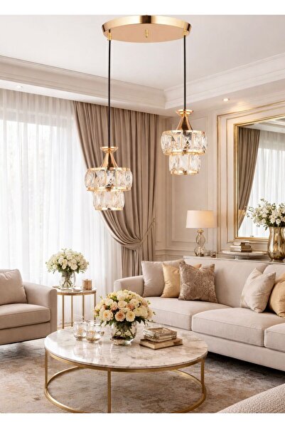 Lampiske Kristal Taşlı İkili Sarkıt Avize Salon Yatak Odası Şık Lüks