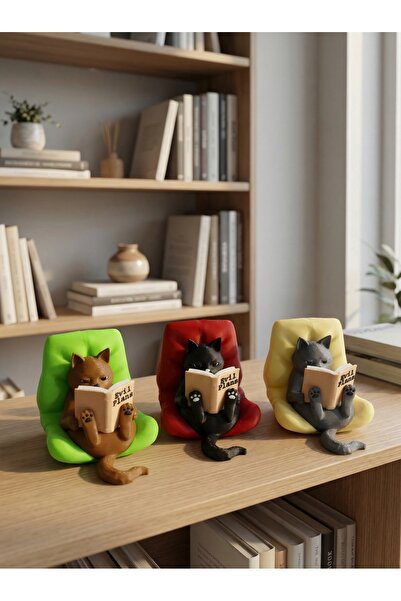IL-HANST 3'Lü set Kitap Okuyan Kedi Figürü kitaplık süsü,tatlı masa süsü