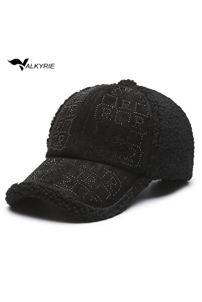 valkyrie Plush Hat for Women – Black Color with Stone Detail, Winter Hat, Adj...