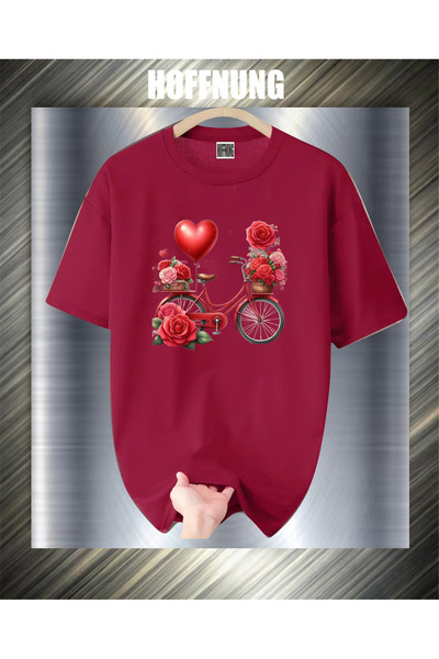 HOFFNUNG Unisex Short Sleeve Round Neck Bicycle Heart Roses Printed Solid Col...