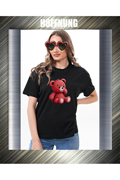 HOFFNUNG Unisex Short Sleeve Round Neck Red Bear Bear Printed Solid Color Tshirt