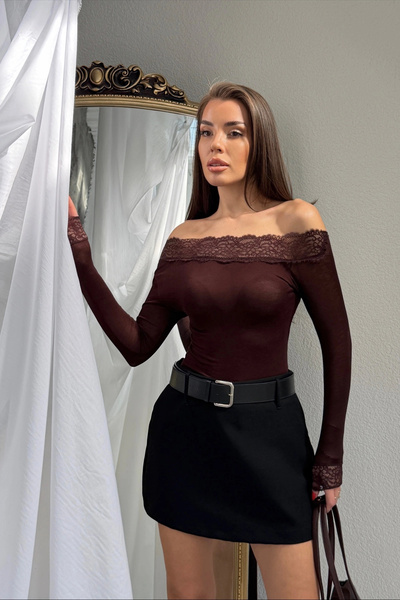 Lusin Women's Brown Lace Detailed Madonna Collar Long Sleeve Transparent Tull...