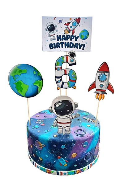 telaşe memuru Uzay Temalı Pasta Süsü ve Astronot Temalı 6 Yaş Doğum Günü Kons...