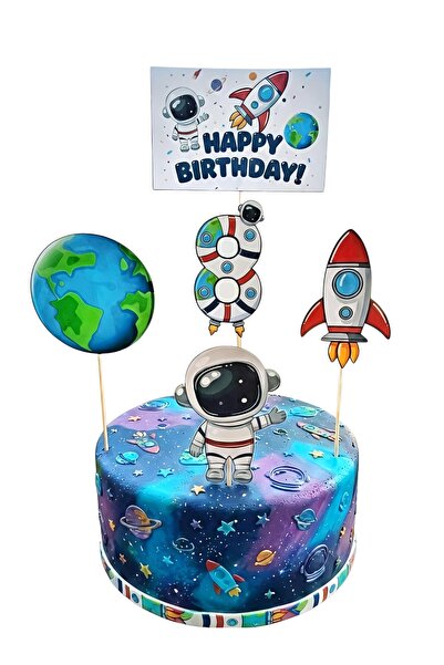 telaşe memuru Uzay Temalı Pasta Süsü ve Astronot Temalı 8 Yaş Doğum Günü Kons...