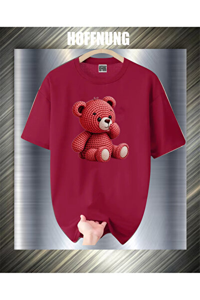HOFFNUNG Unisex Short Sleeve Round Neck Red Bear Bear Printed Solid Color Tshirt