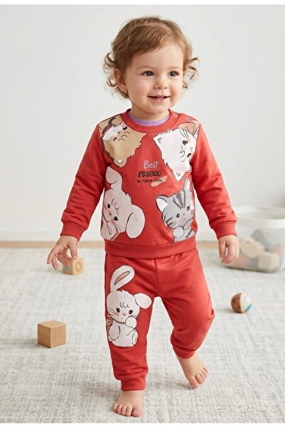 BİLGENS BUTİK Girl's Pink Colorful Long Sleeve Top and Bottom Set