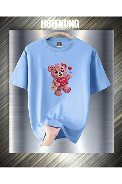HOFFNUNG Unisex Short Sleeve Round Neck Sealed Heart Bear Printed Solid Color...