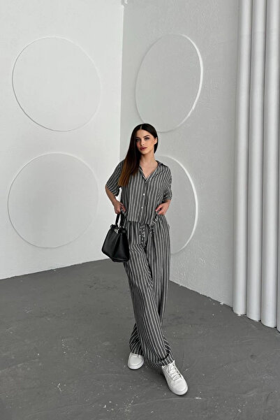 Lusin Women's Striped Gipeli Shirt Wide Leg Pants Two-Piece Set