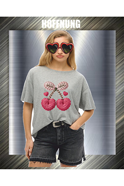 HOFFNUNG تيشيرت للجنسين بأكمام قصيرة وياقة دائرية مطبوع عليه قلب 2Cherries بل...