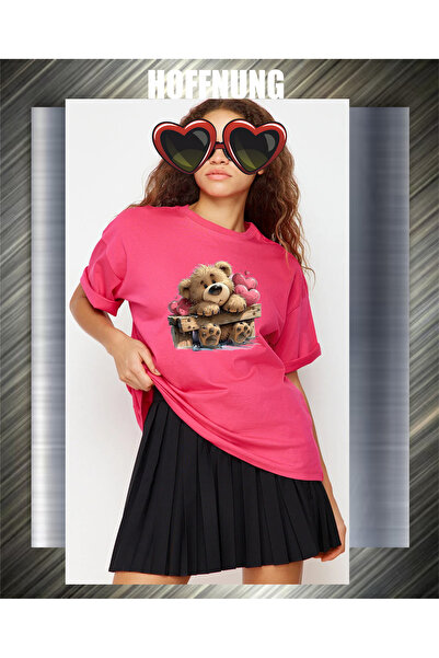 HOFFNUNG Unisex Short Sleeve Round Neck Thinking Heart Bear Printed Solid Col...