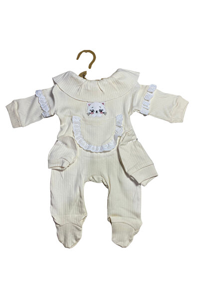 OEM Βρεφικό ολόσωμο φορμάκι με γατάκι και διακοσμητική δαντέλα