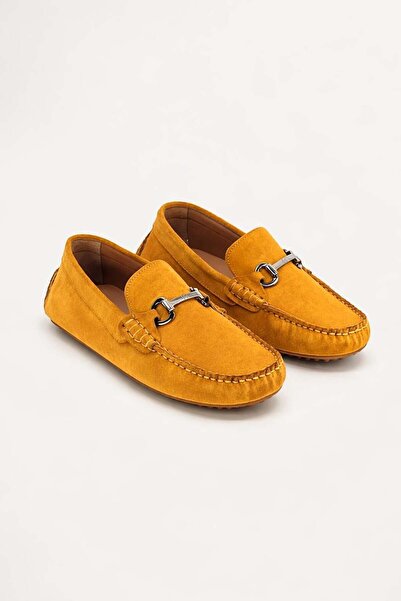VARNAS Erkek Hardal Süet Hakiki Deri Metal Tokalı Loafer Günlük Casual Ayakka...