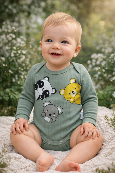 OEM Body bebe verde reiat cu mânecă lungă și imprimeu ursuleți