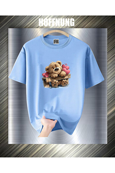 HOFFNUNG Unisex Short Sleeve Round Neck Thinking Heart Bear Printed Solid Col...