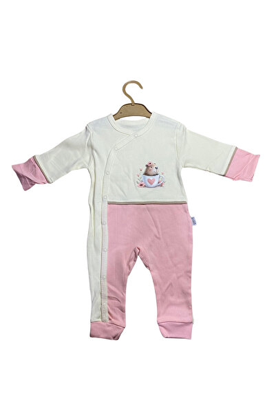 OEM Βρεφικό ολόσωμο φορμάκι με στάμπα αρκουδάκι και δίχρωμο σχέδιο