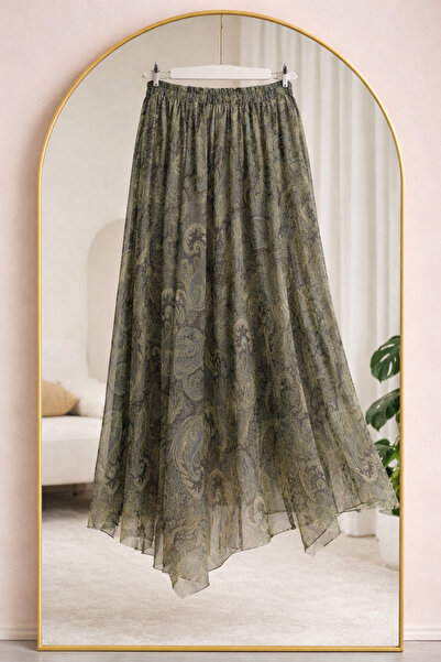 bellura Lastikli Desenli Astarlı Şifon Etek