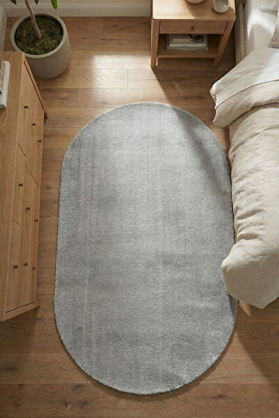 Halispecial Yuma Oval Gri Tavşan Peluş Halı Kaymaz Taban Yıkanabilir Mutfak H...