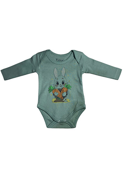 OEM Body bebe verde reiat cu mânecă lungă și imprimeu iepuraș