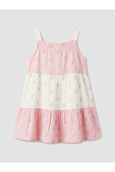 LC Waikiki Mixed Square Collar Embroidered Girls' Muslin Dress