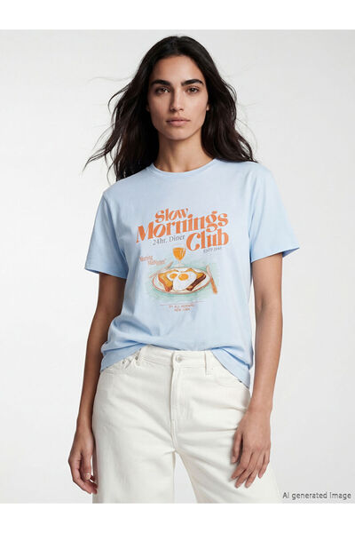 LC Waikiki Γυναικείο μπλουζάκι με στάμπα με μπλε λαιμόκοψη