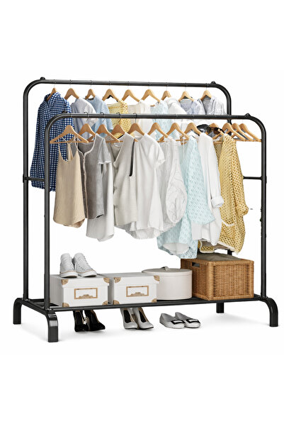 Tahwaz Metal Clothes Rack Double Rail Garment Rack Clothes Organizer with Sto...
