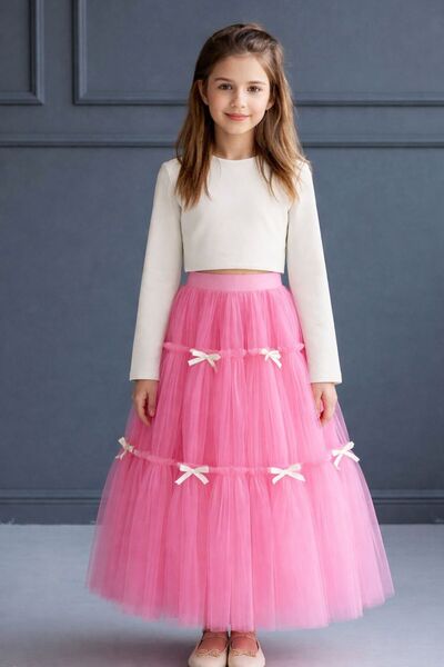 FKB FOR KIDS BABY طقم بلوزة وتنورة من التول متعدد الطبقات مزين بفيونكة للفتيات