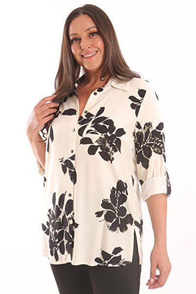 Metpoint Plus Mode Large Size Floral Patterned Ecru Shirt with Pili Embellish...