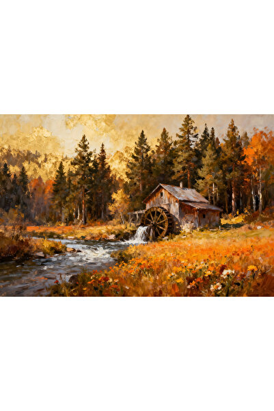 VeliumCraft Tablou Canvas Moara de apa 3, 90x60cm, padure, rau, natura, stil ...