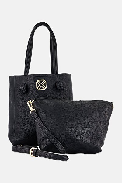 XTI Women 2 Pieces Metal Logo Handbag With Pouch Set, Black