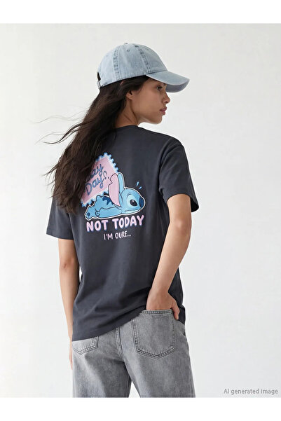 LC Waikiki Anthracite crew neck stitch Printed women's t-shirt