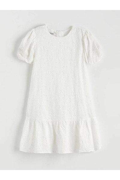 LC Waikiki Λευκό φλοράλ φόρεμα για κορίτσια με λαιμόκοψη ποδηλάτου